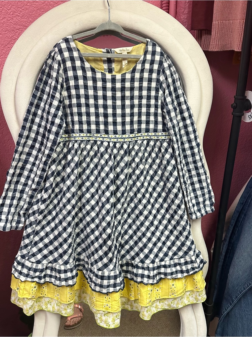 Matilda Jane Navy Gingham Layered Dress with Yellow Trim